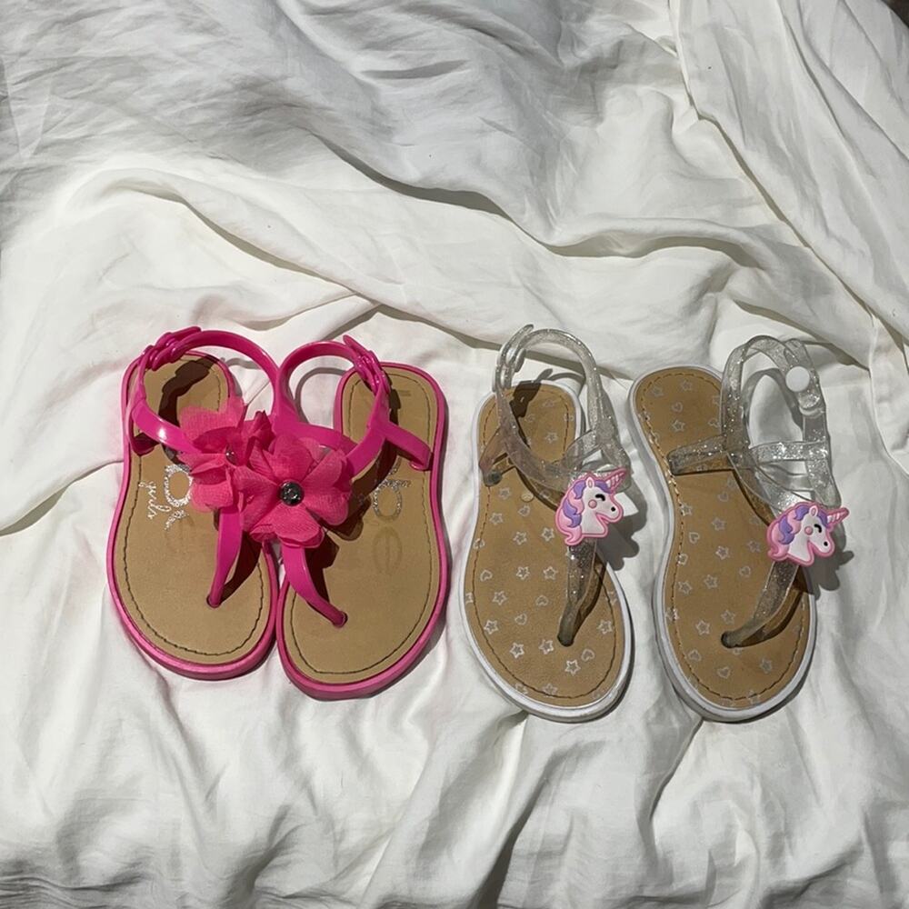 Bebe jelly tween toe sandals 11/12 size white unicorn pink flower euc